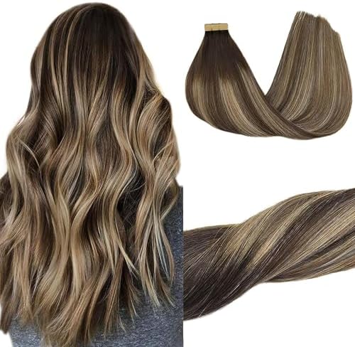GOO GOO Tape in Hair Extensions human hair, tape Hair Extensions, 20inch 50g 20pcs, Human Hair Extensions, 4/26/4 Chocolate Brown to Honey Blonde