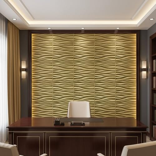 Image of Kayra Decor 3D PVC Wall Panels Wave Design - Golden Color | 19.7 inch x 19.7 inch (Pack of 40) - Covers 107.60 Sq. Ft | Premium Home & Office Wall Decoration