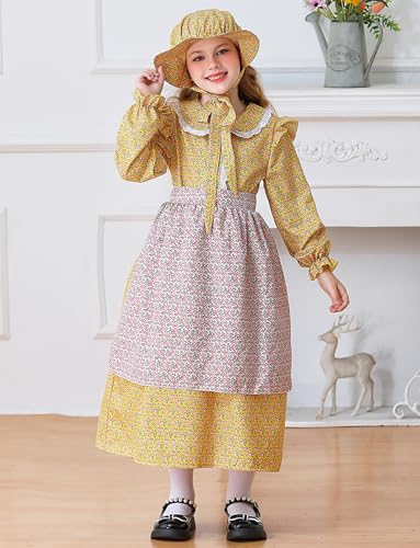 Happy Cherry Girls Pioneer Floral Dresses Set Colonial 1800s Renaissance Dress 3Pcs/4Pcs 3-15Y4