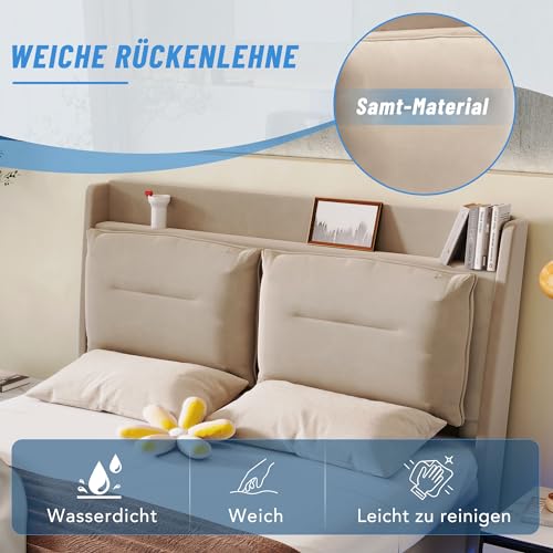 Rtopsu Polsterbett Doppelbett 180x200 cm mit LED-Licht und Bettende Stauraum Schublade, Bett mit Stauraum und Kopfteil, Hydraulisches Bett mit Lattenrost aus Holz, Beige, Samt, Ohne Matratze