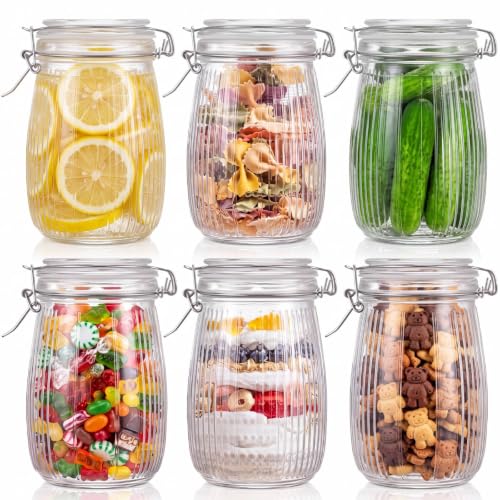 Image of 32 oz Glass Mason Jars with Airtight Lid 6 Pack, Wide Mouth Striped Canning Jars with Clip Top Lids for Kitchen Storage Pickling Snack, Nut, Candy, Salad Jams Coffee Beans