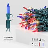 Hopolon Red White and Blue Mini Lights,2PACK 50Count 4th of July Patriotic String Lights Green Wire,13FT Incandescent Independence Day Light for Indoor Outdoor Christmas Party Decor,Red White Blue