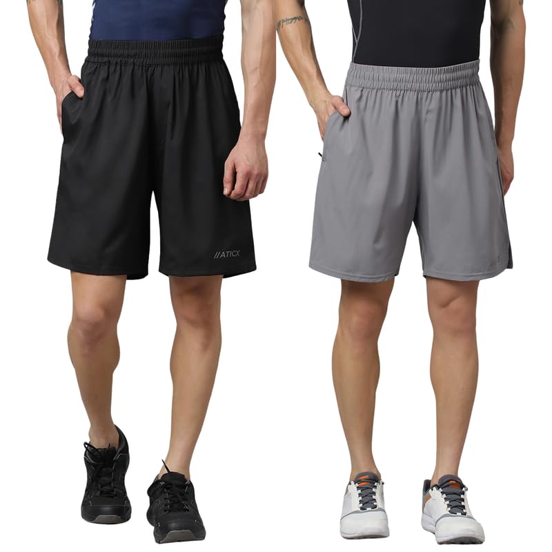 Image of ATICX Polyester Shorts for Men - Quick Dry Lightweight with Zipper Pockets - Gym, Running, Jogging, Training Half Pants for Basketball, Swimming, Badminton, Cycling, Football, Outdoor & Home Wear