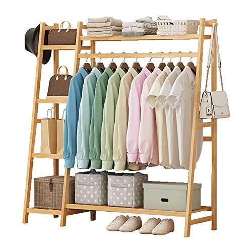 JANRON Perchero Estante para Ropa Colgador Ropa Estante de Ropa de bambú, riel para Colgar Ropa con Ganchos para Zapatos, Sombreros y Bufandas en el Pasillo Sala - 130x42x140cm Cover