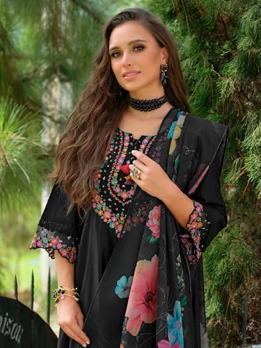 Image of INDO ERA Women's A-Line Cotton Blend Floral Embroidered Kurta & Pant With Dupatta Set (IEOUT11375)