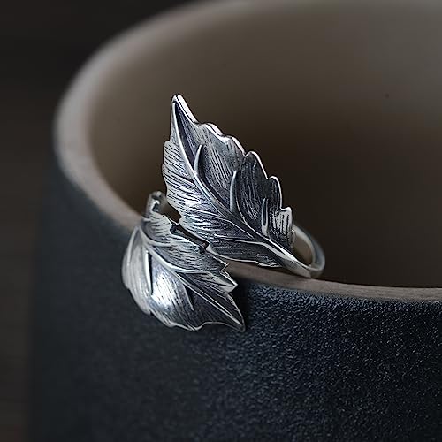 Black Solid 925 Sterling Silver Leaf Ring Tree Leaves Ring For Women Girls Open And Adjustable #TOP1