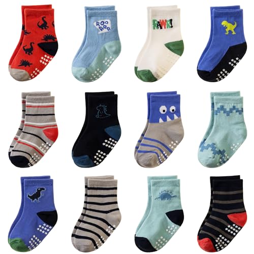 AMENLAN Toddler Non Slip Grips Socks Kids Anti Skid Baby Boys Girls Cotton Crew Socks 12 Pairs (Dinosaur B 1-3 Years)