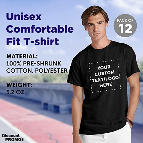 DISCOUNT PROMOS Custom Delta Apparel T-Shirts Set of 12, Personalized Bulk Pack - Comfortable Fit, Casual Occasions, Unisex, Black