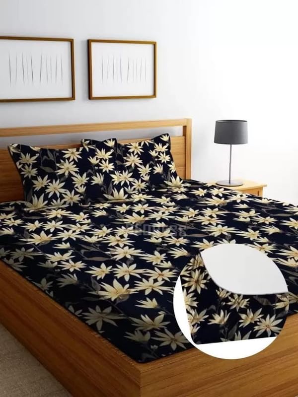 Geeta Homes Premium Cotton Feel Glace Cotton 210 Tc Elastic Fitted Bedsheets with 2 Pillow Covers Double Bed with Corner Elastic Floral Pattren |Size-72X68+ 6 Inches Homes 4275