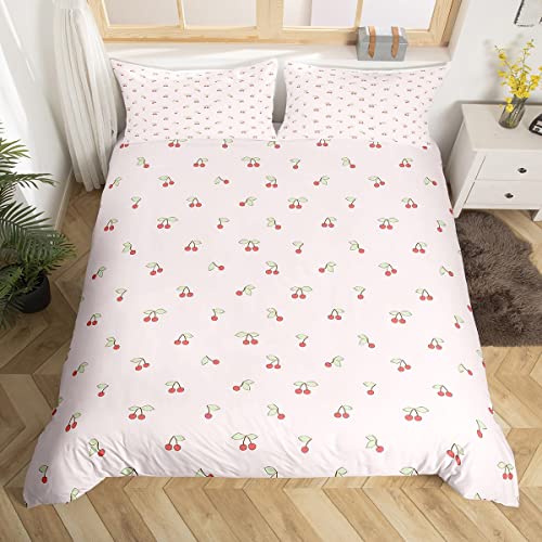 Fruit Kids Pink Comforter Cover Set Cherry Pattern Toddler Bedding Set Boys Girls Cute Kawaii Cherries Duvet Cover Set Girly Cute Quilt Cover 2Pcs Single Size