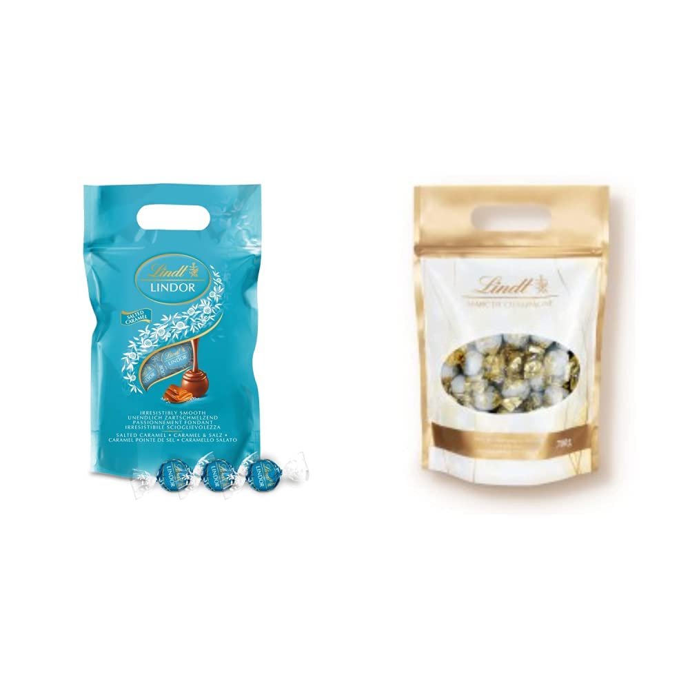 Lindt LINDOR Schokoladen Kugeln Salted Caramel | ca. 80 Schokoladen Kugeln Milch-Schokolade mit einer Füllung aus Salz-Karamell | Großpackung & Schokolade Marc de Champagne Kugeln | 700 g