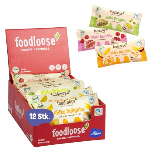 foodloose White Delights Mixpaket | 12 vegane Bio-Snacks in 3 Sorten: Mango-Maracuja, Himbeere & Pistazie | Mit weißer Schokolade & cremiger Füllung | Vegan, glutenfrei, ohne Zusätze