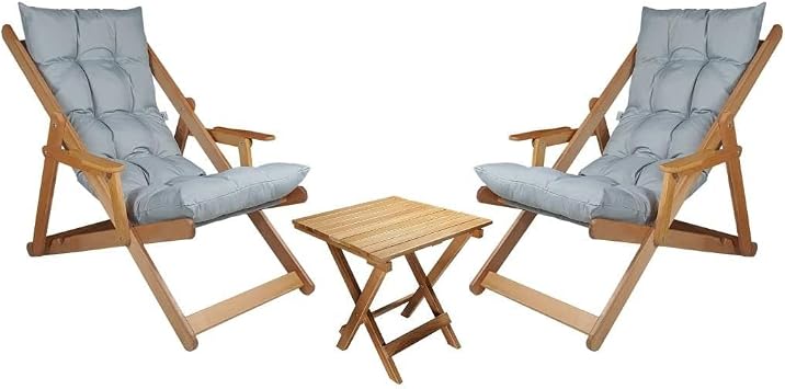 BYSAY WOOD FOLDABLE PORTABLE PUFF CUSHION SLEEVE SUN LOUNGER. SET OF 3 GRAY FOR BEACH, GARDEN, TERRACE, BALCONY
