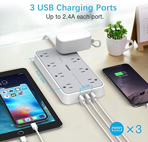 Flat Plug 15 Ft Extension Cord, Tessan Surge Protector Power Strip With 8 Ac And 3 Usb Ports, 1875W, 15A, 1080J, Wall Mount Widely Spaced Charging Station For Home, Office, Indoor, School, Dorm Room #TOP4