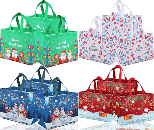 Geschenktüten Weihnachten, 12 Stück Geschenktüten Weihnachten Groß mit Griffen Non Woven Weihnachtsgeschenktüten, Weihnachts Wiederverwendbare Weihnachtsgeschenktüten 32.5 x 25 x 17 cm