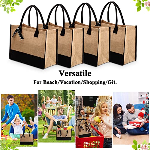 Peryiter 8 Pcs Black Burlap Tote Bag Set Jute Totes with Handles Large Reusable Burlap Grocery Bags with Polka Dot Ribbon for Bridesmaid Birthday Gift Travel Shopping DIY, 15.8 x 11.8 x 6.7 Inches