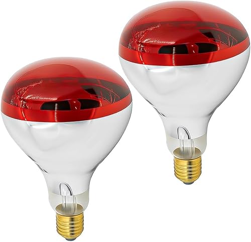Estpod 250 Watt R40 Clear Heat Lamp Bulb – Infrared Flood Reflector Light, Incandescent Spotlight for Food Warmer, Brooder, Chicken Coop, Pet Heating, Bathroom, Light Therapy – E26 Base (2, Red)