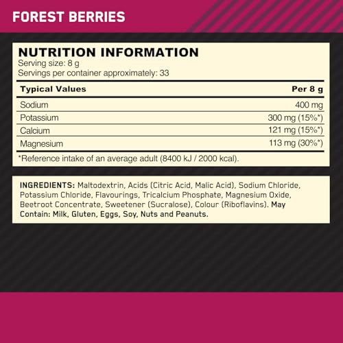 Optimum Nutrition Electrolyte Powder, Forest Berries Ready-to-Mix Formula, Sodium Magnesium Potassium Food Supplement for Workouts and Intense Training, 264 g, 33 Servings