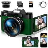 75MP Digital Camera,4K WiFi Vlogging Camera with 3.0' 180° Flip Screen,16X Zoom Autofocus Compact Camera for YouTube Video,Travel Camera with 2 Batteries, 64GB SD Card(DeepGreen)