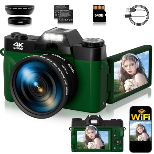 Image of 75MP Digital Camera,4K WiFi Vlogging Camera with 3.0 inch 180 Flip Screen,16X Zoom Autofocus Compact Camera for YouTube Video,Travel Camera with 2 Batteries, 64GB SD Card(DeepGreen)