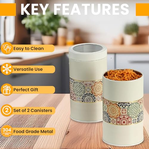 Image of Mandala Collection Airtight Kitchen Container Set| 850ML- Set of 2| Food Grade Metal Jars for Cereals, Cookies, Dal & Dry Food Storage| Vacuum Lid, Rust Resistant| Beige Rangoli Canisters
