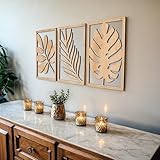 qmmp Moderne Wandskulpturen aus Holz, 3er-Set, Heimdekoration, große Wandkunst für Wohnzimmer, Schlafzimmer, Büro, einfache Installation (Eiche, mittel, Berg und Sonne)