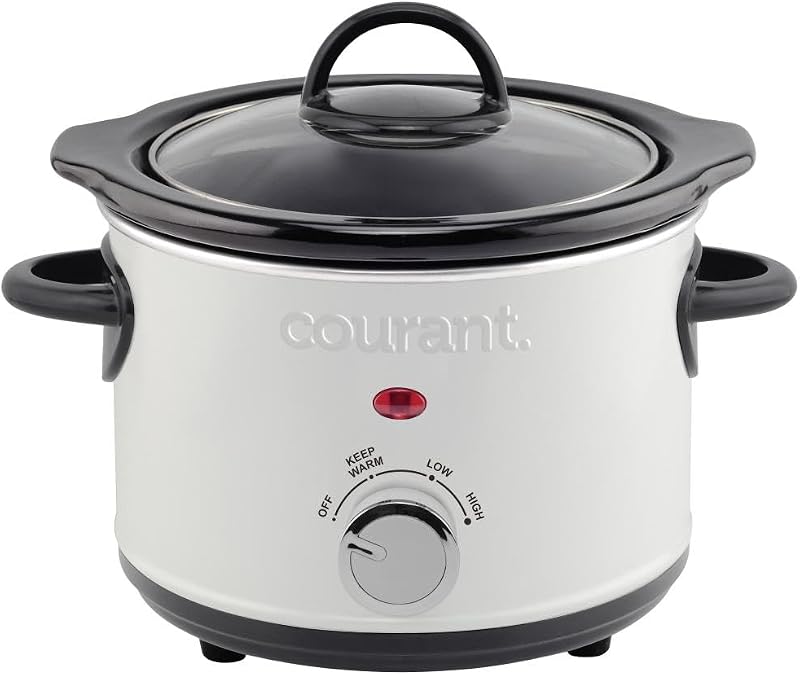 Courant Slow Cooker Mini, Electric Round Ceramic pot, Adjustable Temp, Entrees, Sauces, Stews & Dips, Cool Touch Handles, Dishwasher Safe Glass Lid 1.5 Quart White crock