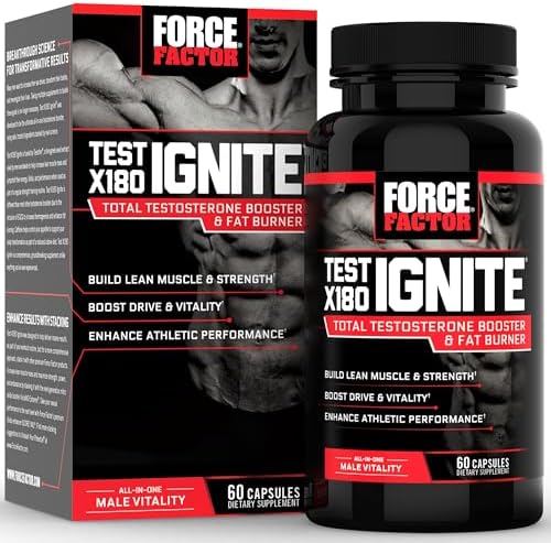 FORCE FACTOR Test X180 Ignite Total Testosterone Booster for Men with Fenugreek Seed and Green Tea Extract to Build Lean Muscle, Boost Energy, and Improve Performance, 60 Count