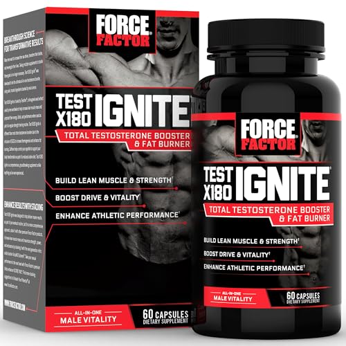 Force Factor Test X180 Ignite Total Testosterone Booster for Men with Fenugreek Seed and Green Tea Extract to Build Lean Muscle, Boost Energy, and Improve Performance, 60 Count