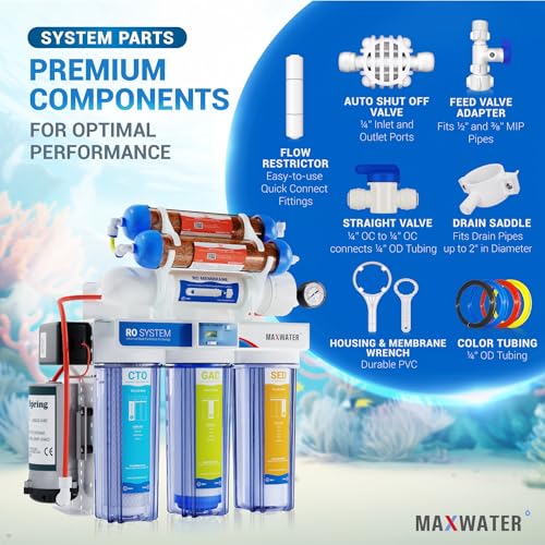 Image of Max Water 6 Stage 200 GPD (Gallon Per Day) RODI (Reverse Osmosis Deionization) Water Filtration System + Digital TDS Meter + Booster Pump for Aquarium