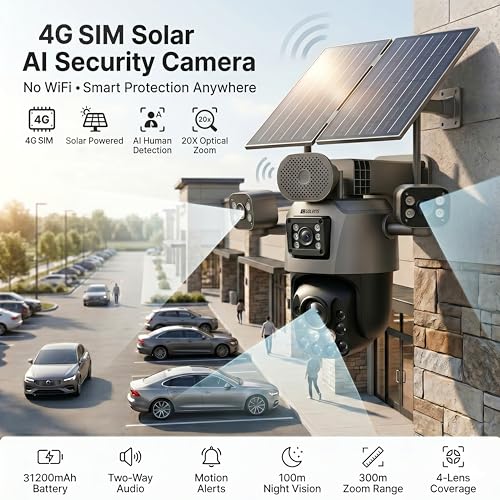 Image of Golens V67H 4G Solar Security Camera with Dual Solar Panel, 4 Lens AI Speed Dome, 20X Zoom, Auto Tracking, Night Vision, Two-Way Audio, 31200mAh Battery, Outdoor CCTV Camera