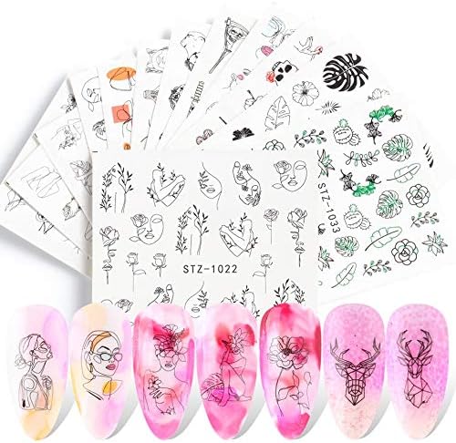 CHANGAR Abstract Lady Face Nail Decals Geometry Lining Animal Nail Art Water Transfer Sticker Rose Skull Bone Water Sliders Paper Nail Art Decor Gel Polish Sticker Manicure Tips