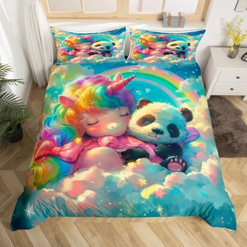 Castle Fairy Unicorn Panda Decorations,Cartoon Animals Rainbow Cloud Duvet Cover for All Season,Cute Girly Princess Bedroom Decor Comforter Cover (No Filler) Full Size,3PCS