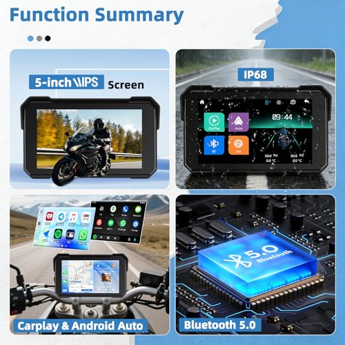 Image of GPS CarPlay 5 inch IPS Motorcycle CarPlay Screen for Motorcycle with A-pple Wireless CarPlay & Android Auto, IP68 Waterproof, Supports Bluetooth,Navigation,S-IRI /G-oogle Assistant,Vioce Control, Bracket