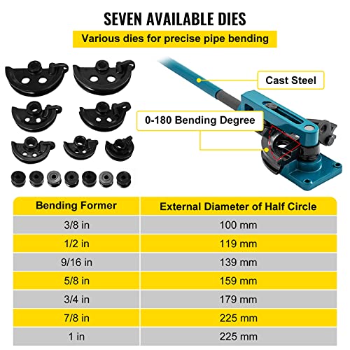 VEVOR Pipe Tube Bender, 3/8" to 1" Manual Pipe Tube Bender, with 7 Dies, Heavy Duty Tube Bender Tubing of Steel Metal Copper, for Repair Shops, Blue by VEVOR - Image 4