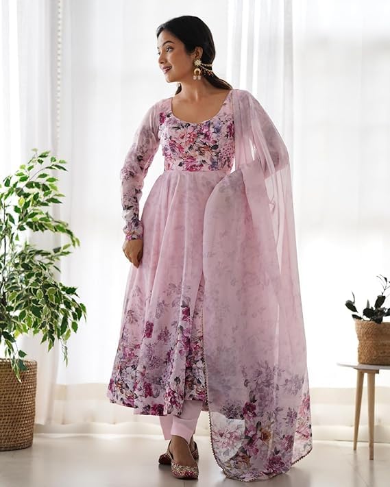 Image of KD Women's Floral Printed Georgette Anarkali Kurta Set With Dupatta, Traditional Salwar Suit, Long Sleeve Ethnic Dress