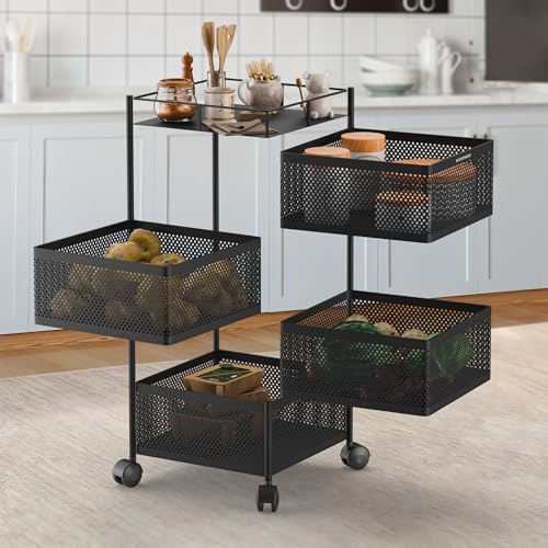 Amazon Brand - Solimo 360° Revolving Preassembled Portable 4 Layer Square Multipurpose Storage Kitchen Rack Carbon Steel Fruit Vegetable & Spice Trolley with Wheels for Kitchen Organizer(Matte, Black)