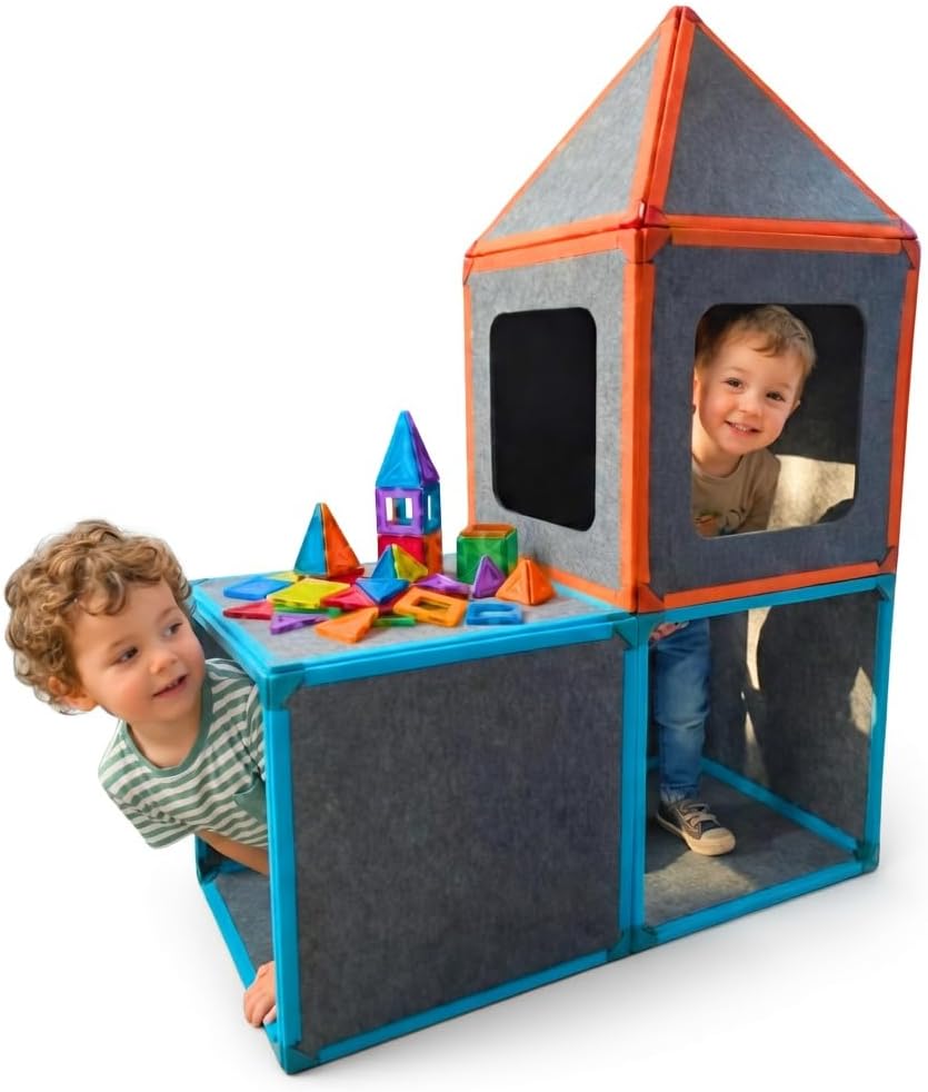 20-Piece Magnetic Fort Building Kit + 32 Magnetic Tiles for Kids Ages 3+ – Giant Modular Playhouse Panels, Large Magnetic Fort Panels, Life-Size Magnetic Building Fort Set, STEM Construction Toy
