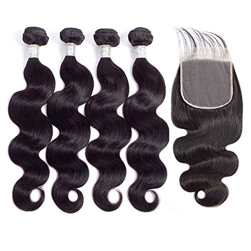 8A Brazilian Body Wave Bundles With Closure (14 16 18 20+12) Unprocessed Virgin Human Hair Extensions Body Wave With Closure Natural Black