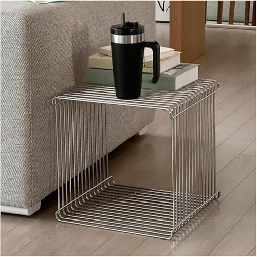 SJAPEX Mesa Auxiliar de Metal Retro, Mesa Auxiliar geométrica de Acero Inoxidable, mesita de Noche Cuadrada de Metal para sofá, mesas auxiliares para Sala de Estar y Dormitorio. Silver,30CM
