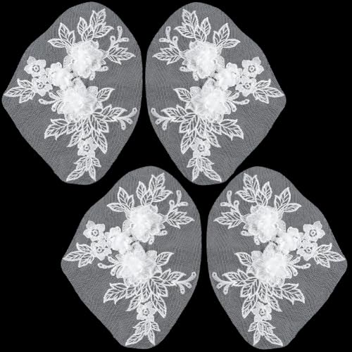 CABODYALS 4 pieza de Apliques de Encaje de Flores Blancas 3D Apliques de Bordado Floral de Poliéster Parches de Tul Vintage Bordados para Coser Hacer Manualidades Vestidos Bodas Fiestas Bolsos Suminis