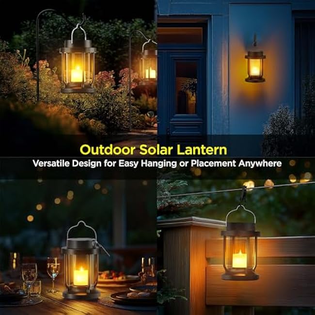 Solar Lantern Outdoor Indoor Use ¨C Hanging Solar Lights with Realistic Flickering Flameless Candle, Weatherproof for Garden Decor, Patios, Trees, and Lawns (Black, 2 Pack)