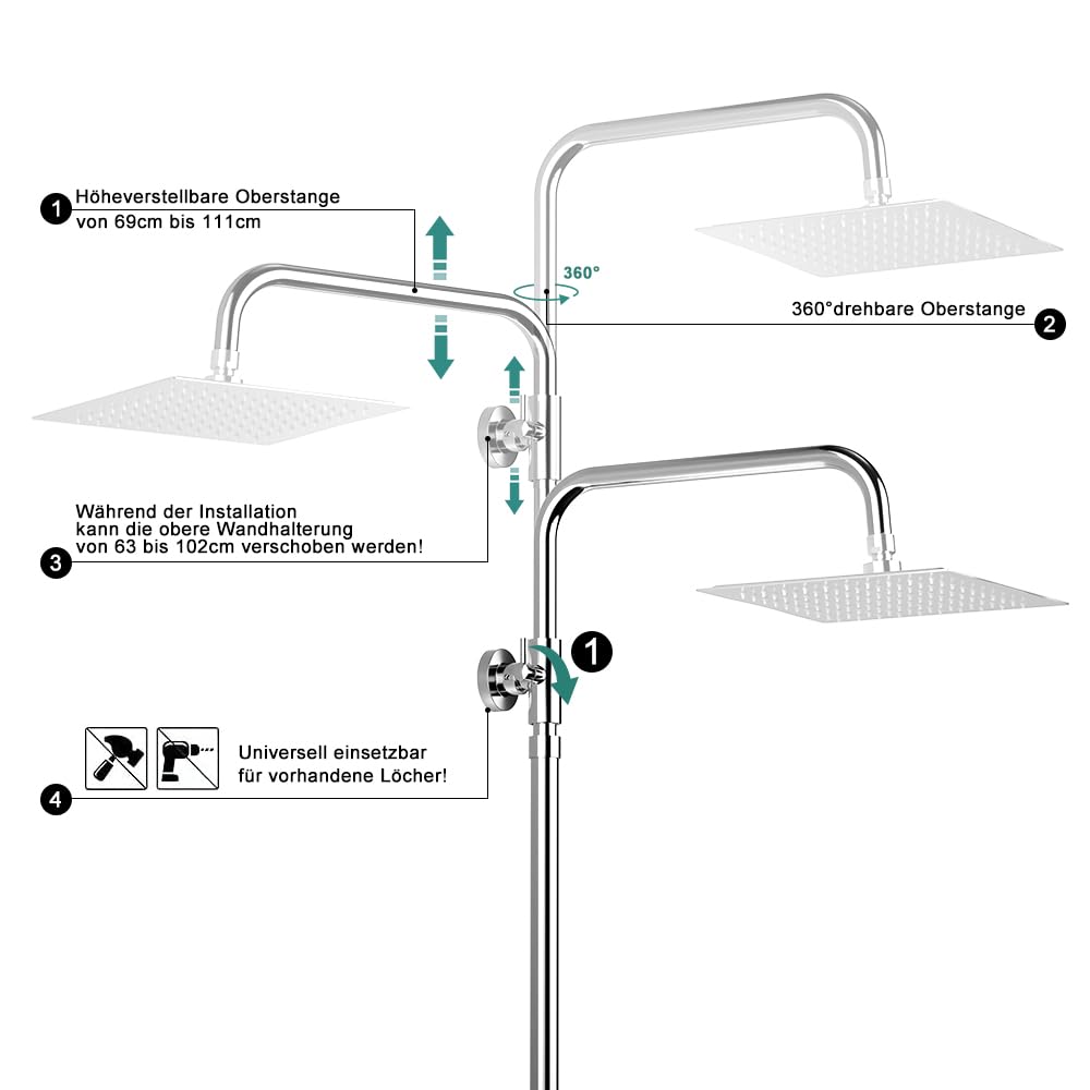 JOHO Barra de ducha de acero inoxidable con fijaciones de pared variables, Barra de pared para ducha de lluvia, Columna de ducha Reuglable 69-111 cm con Soporte de Alcachofa, Cromo