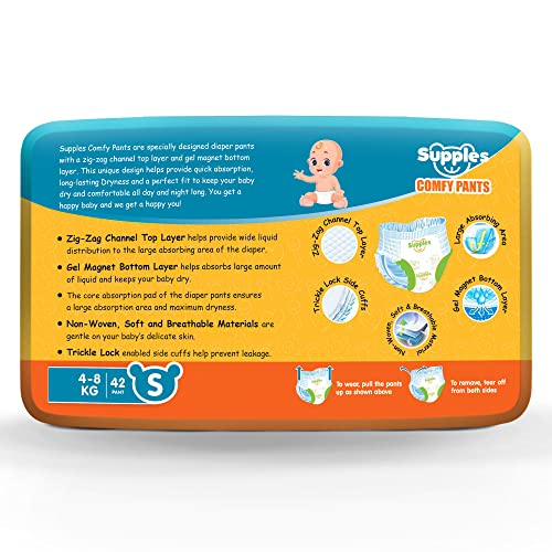 Image of Amazon Brand - Supples Comfy Diapers, Small (S), 42 Count, 4-8 Kg, 10 hrs Absorption and Cottony Soft Material Baby Diaper Pants