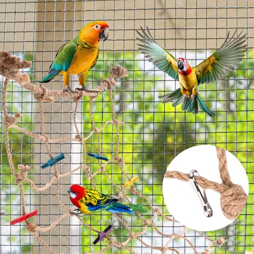 Image of Parrot Climbing Rope Net, 21.65x20.87in Colorful Star Design Bird Hammock Ladder Seagrass Mat Chew Toys with 4pcs Hooks Cockatiels Cage Accessories for Pigeons Cockatoos Parakeets