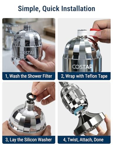 Image of CostarMatter 17 Stage Tap Filter Shower Head for Hard Water, Hard Water Softener for Indian Water Quality, Removes Chlorine & Heavy Metals, Anti Hair Fall Skin Care Shower Filter with 2 Cartridges