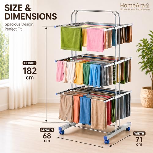 Image of Premium Heavy Duty Foldable Stainless Steel Cloth Drying Stand, 3 Tier | Mirror Finish | Laundry Racks | Clothes Stand | Cloth Drying Rack | Foldable and Movable