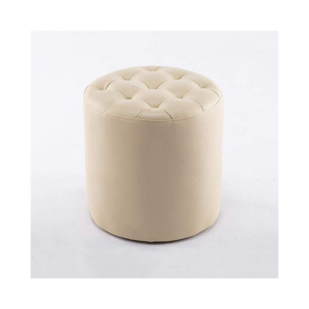 Repose-pieds beige en cuir | Petit pouf rond rembourré de salon 34cm
