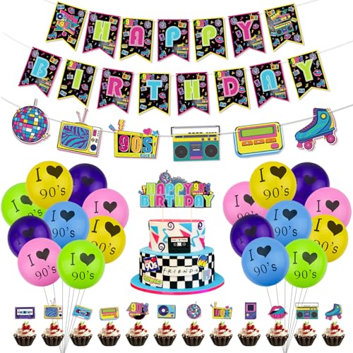 Hegbolke Decorazioni per feste di compleanno anni '90 - striscione, topper per torte, palloncini; hip hop, multicolore; compleanno