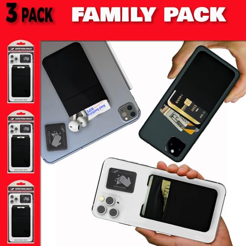 Image of Gecko Travel Tech Double Pocket - Adhesive Card Holder - Cell Phone Pouch - Stick on Spandex Pocket - Carry Credit Cards and Cash (3 Pack - -Blank- Black)
